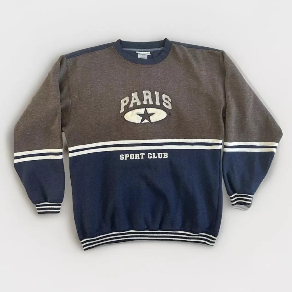 Vintage 90s - PARIS SPORT CLUB - Oversized Crewneck Sweatshirt Navy Gray -Large